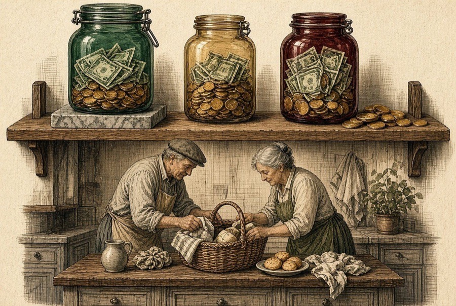 Illustration from the book: three jars of money on a kitchen shelf — green, yellow, and red — above an older couple unpacking groceries.