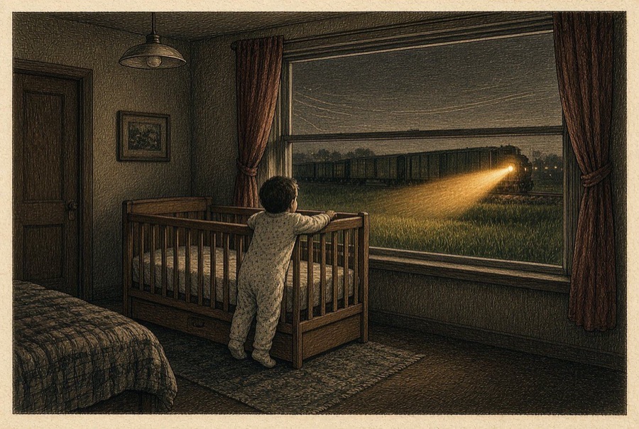 Illustration from the book: a toddler stands at the crib rail in the dark, watching the two o'clock train's headlight through the window.